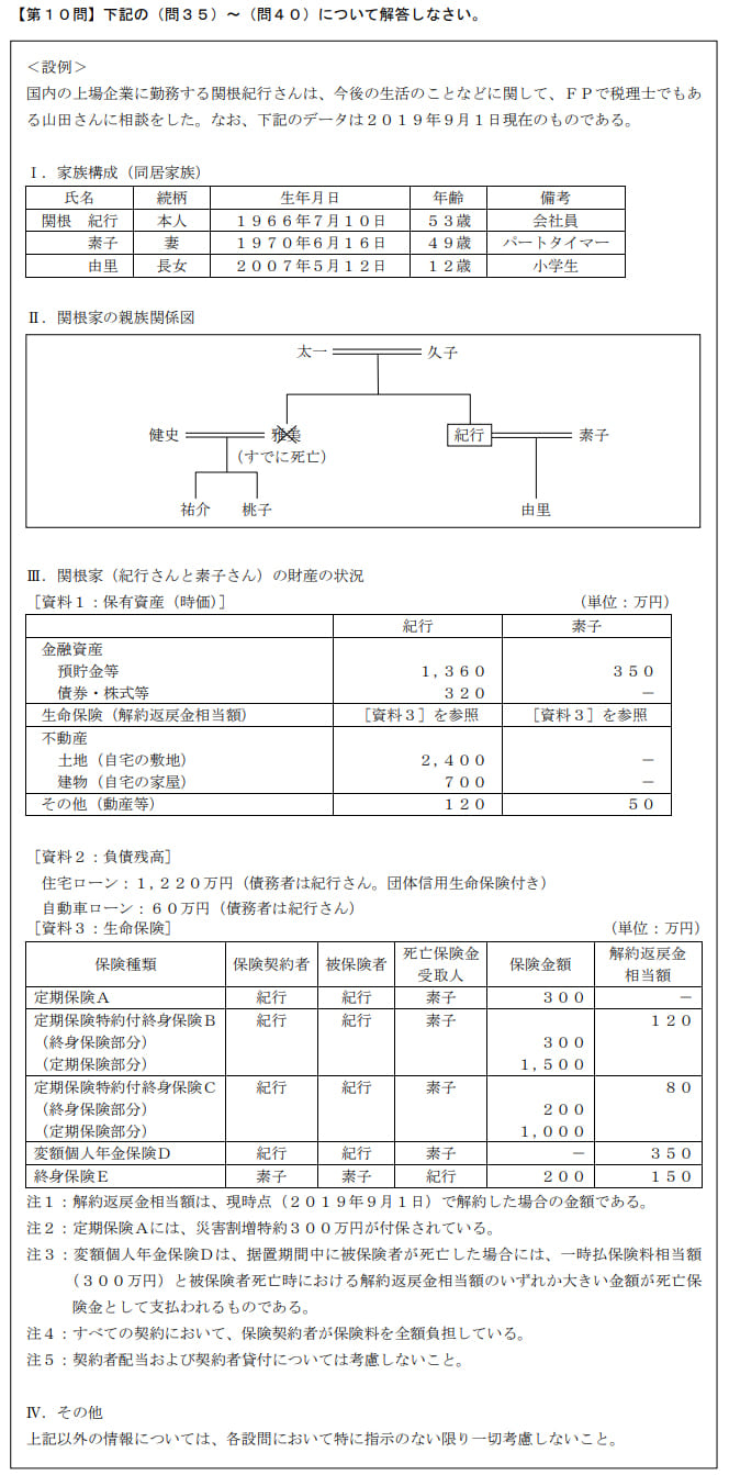 2019年9月実施日本FP協会FP2級実技試験第39問の資料